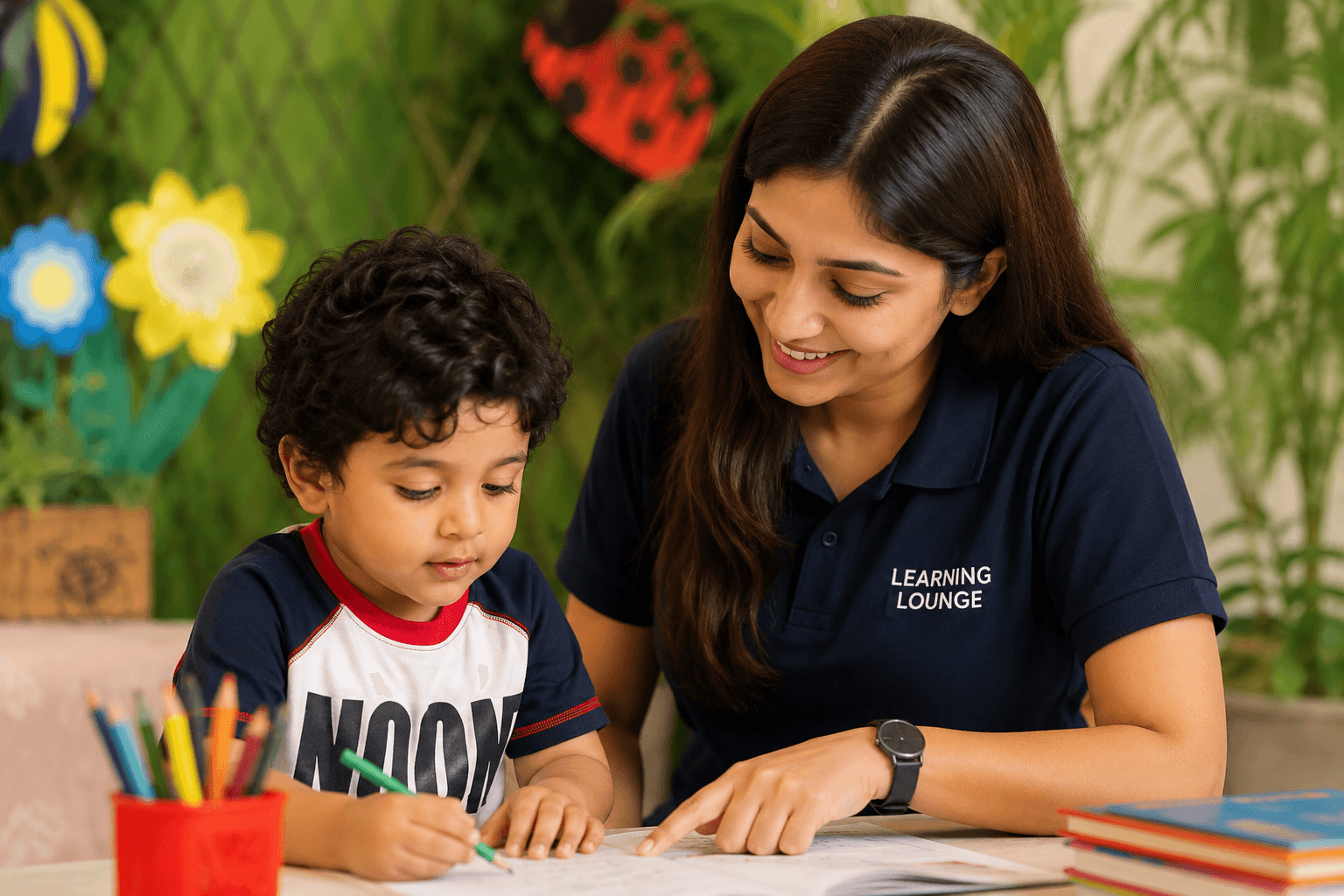 A child and teacher together at Learning Lounge